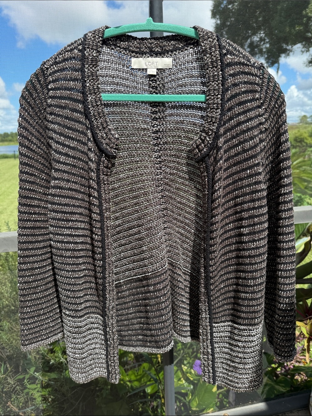 LOFT cotton Black & Gray Striped Open-Front Cardigan